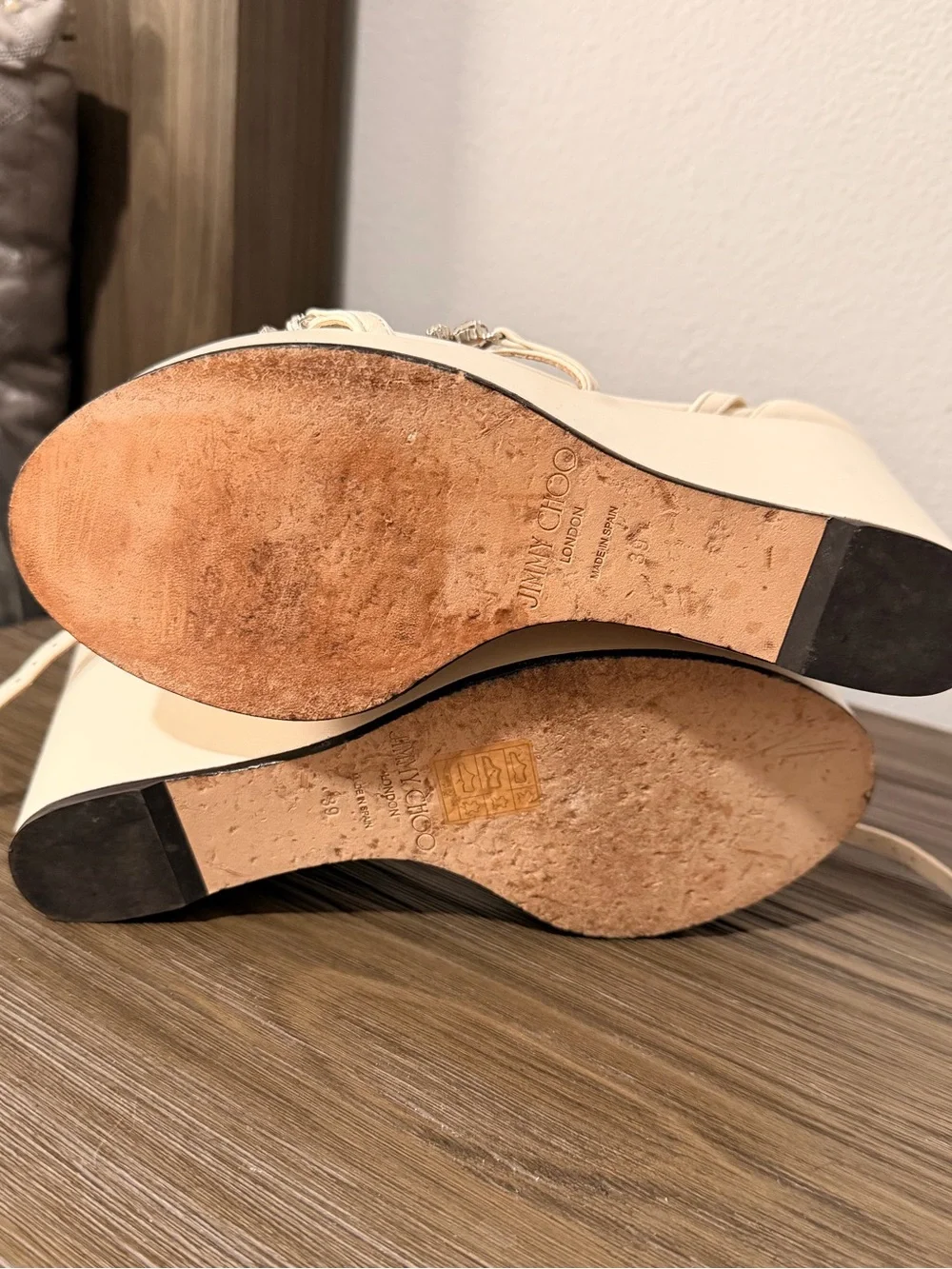Jimmy Choo Bing Wedges in Latte/Crystal, Size 39 EU, Size 9 US, worn once
